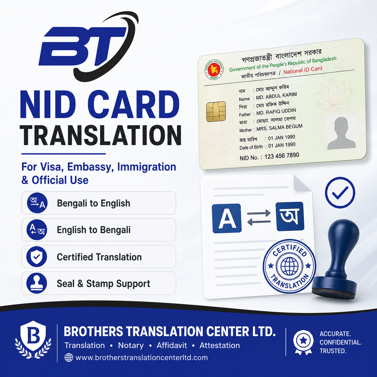 Certified Bangla to English NID Card Translation in Bangladesh by Brothers Translation Center Ltd.