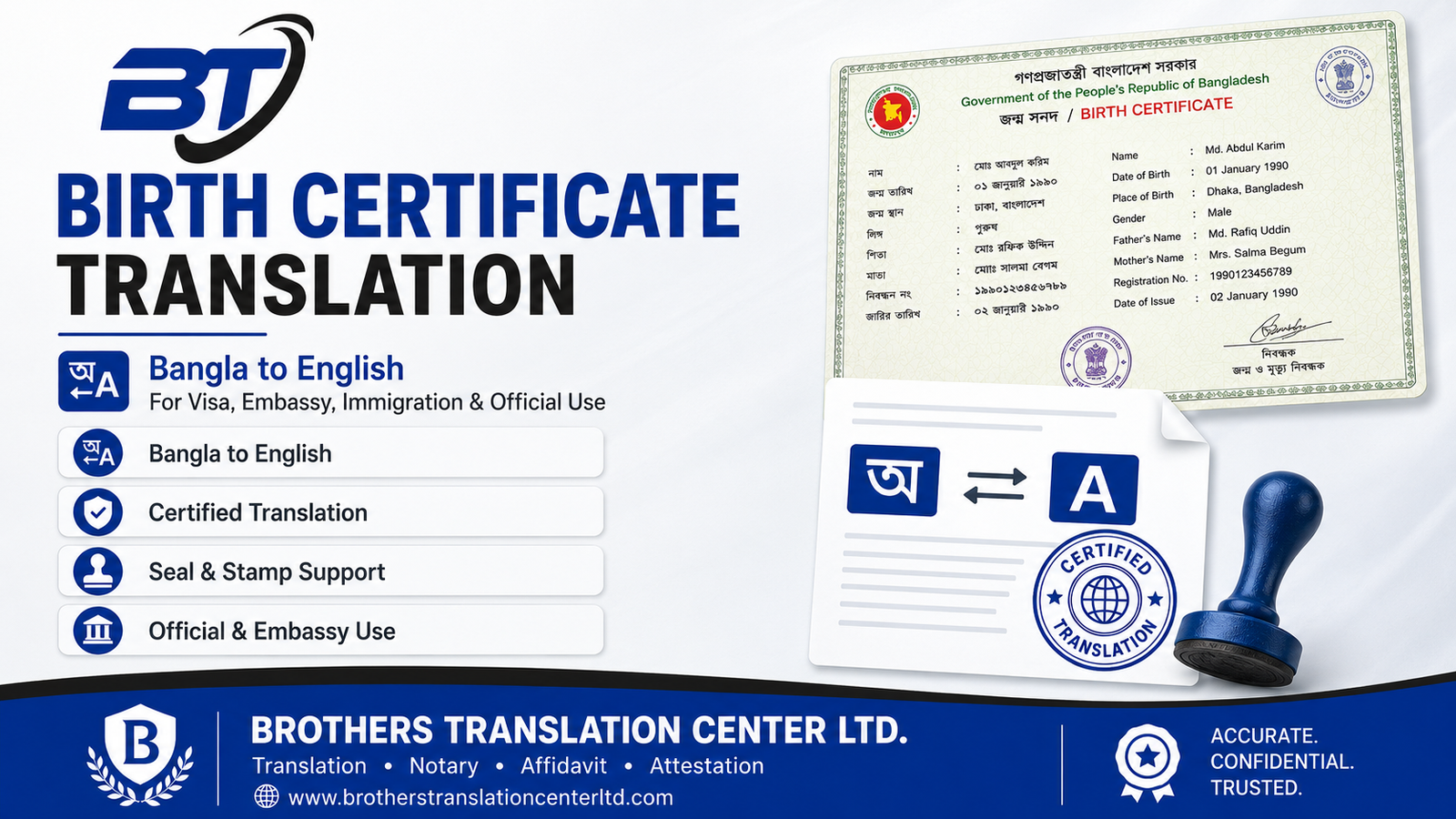 Certified Birth Certificate Translation Bangla to English in Bangladesh