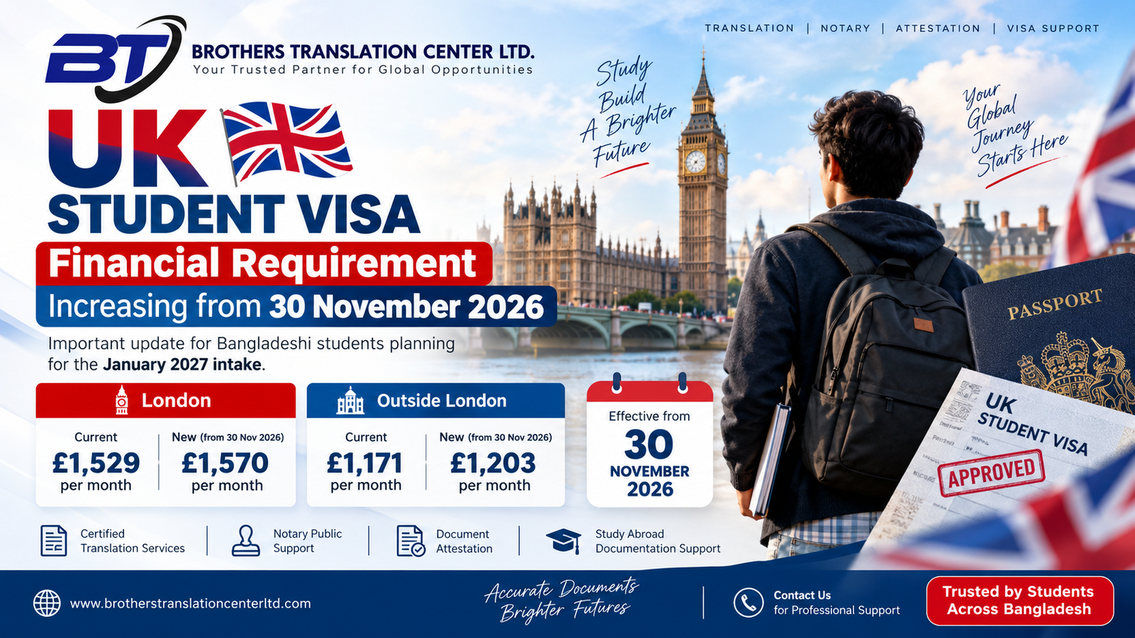 UK Student Visa Financial Requirement Update 2026 for Bangladeshi Students by Brothers Translation Center Ltd.