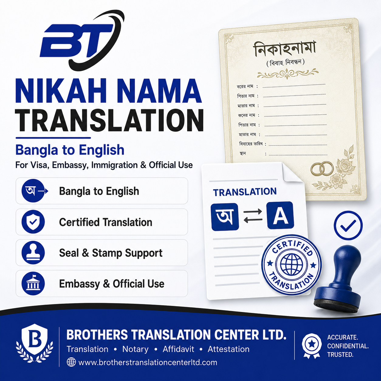 Certified Nikah Nama Translation in English in Bangladesh by Brothers Translation Center Ltd.
