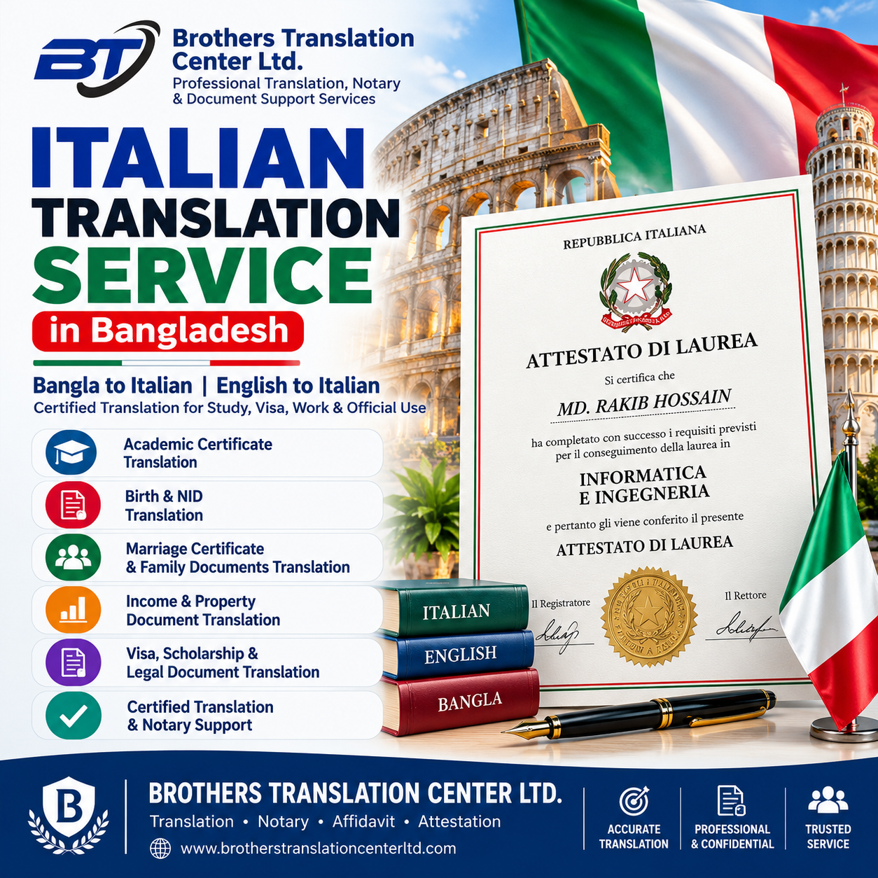 Bangla to Italian and English to Italian Document Translation Service in Bangladesh by Brothers Translation Center Ltd. – Academic, Legal, Visa and Scholarship Documents