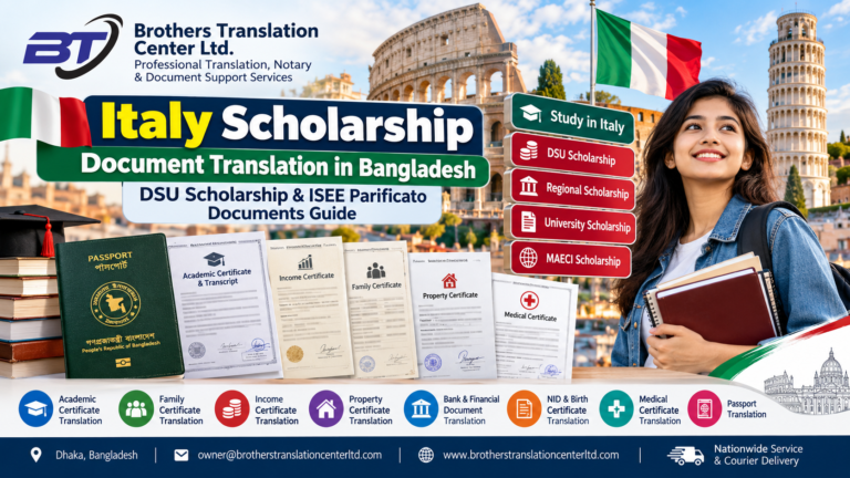 Italy Scholarship Document Translation Bangladesh – DSU Scholarship, ISEE Parificato, Family Income and Property Certificate Italian Translation by Brothers Translation Center Ltd.