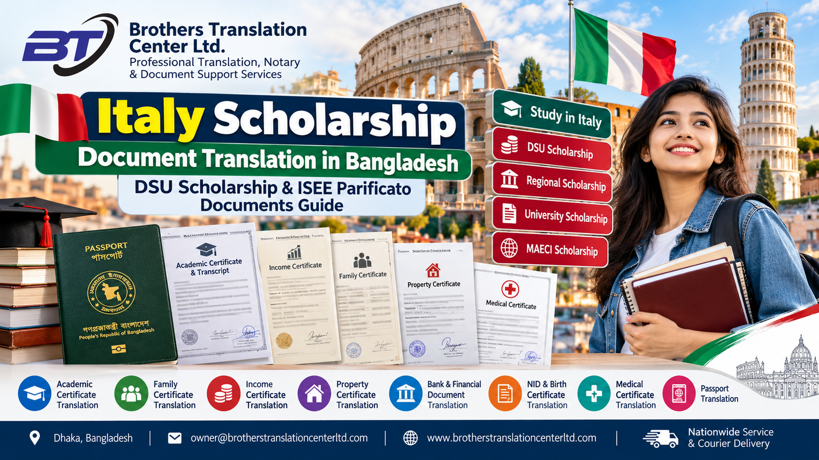 Italy Scholarship Document Translation Bangladesh – DSU Scholarship, ISEE Parificato, Family Income and Property Certificate Italian Translation by Brothers Translation Center Ltd.