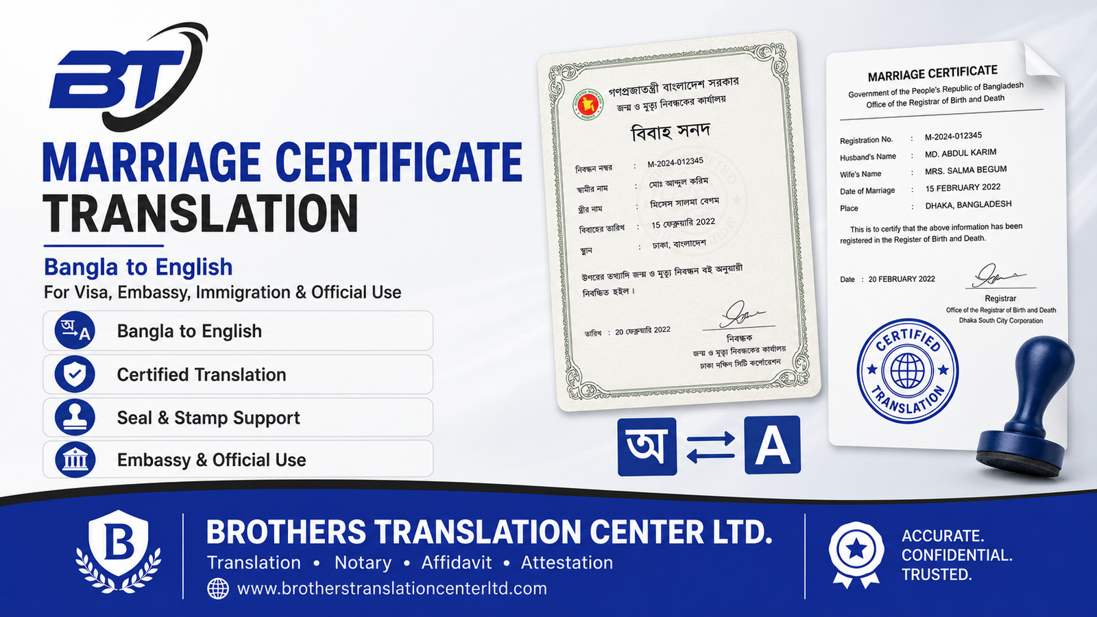 Marriage Certificate Translation Bangla to English in Bangladesh