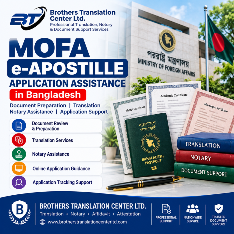 MOFA e-Apostille Application Processing and Document Attestation Service in Bangladesh by Brothers Translation Center Ltd. for Academic, Birth, Marriage and Legal Certificates