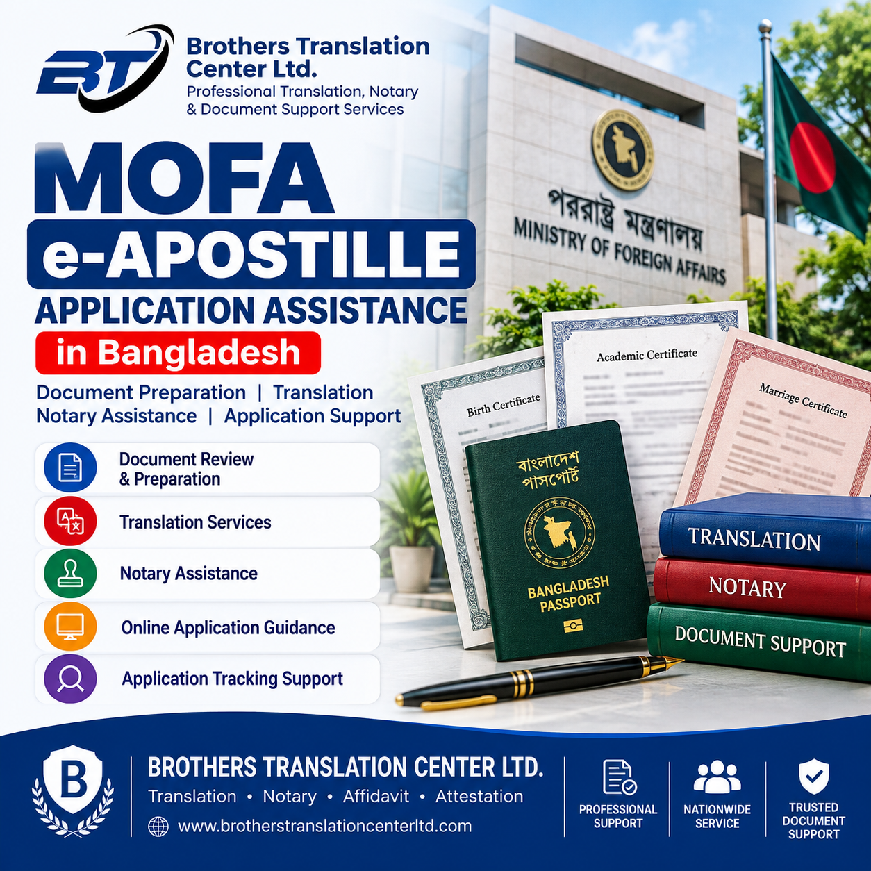 MOFA e-Apostille Application Processing and Document Attestation Service in Bangladesh by Brothers Translation Center Ltd. for Academic, Birth, Marriage and Legal Certificates